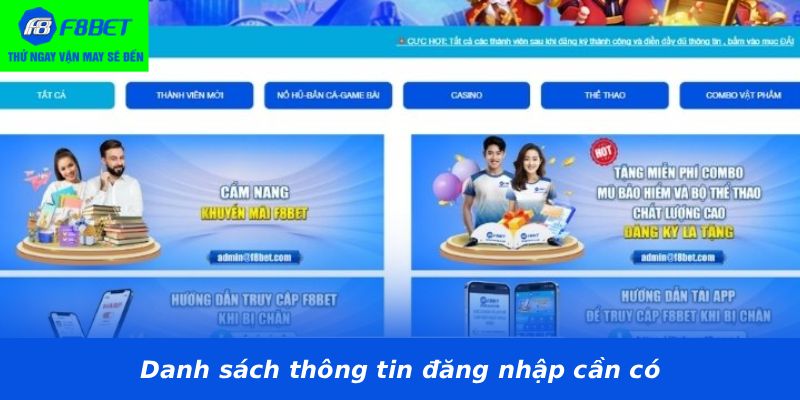 Danh sách thông tin đăng nhập cần có